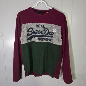 Superdry Men's S Long Sleeve Shirt Tri-Color Maroon Gray Green Real Super Dry